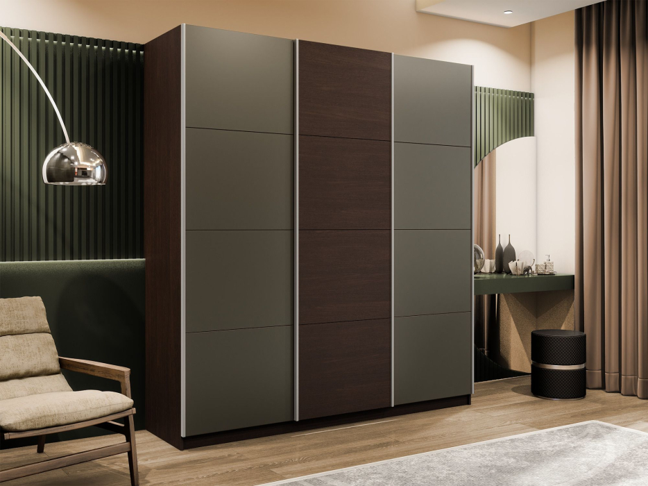 Шкафы-купе 3-х дверные, Шкаф-купе Эста 3-х дверный ДСП/Стекла хаки/Доводчик 240х66х240