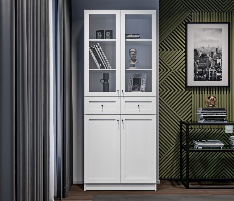 Прямые, Стеллаж Твин СБ-3373 Белый со стеклом и ящиком