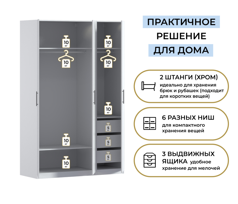 Для одежды, Шкаф трехдверный Макс 1500 мм, вариант №4 (ЛДСП)