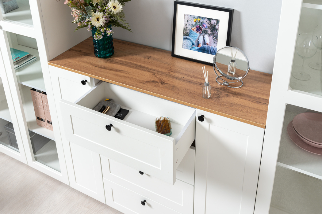 Шкафы распашные, Шкаф-витрина Остин 16.394.02, белая шагрень, дуб золотой крафт