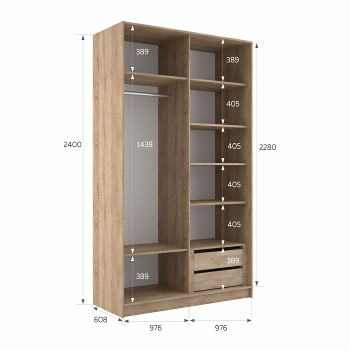 Шкафы-купе 2-х дверные, Шкаф-купе Эста 2-х дверный Стекла пудра/Доводчик 200х66х240