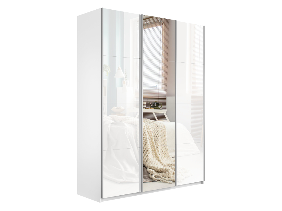 Шкафы-купе 3-х дверные, Шкаф-купе Прайм 3-х дверный Стекла белые/Зеркало/Доводчики 210х57х230